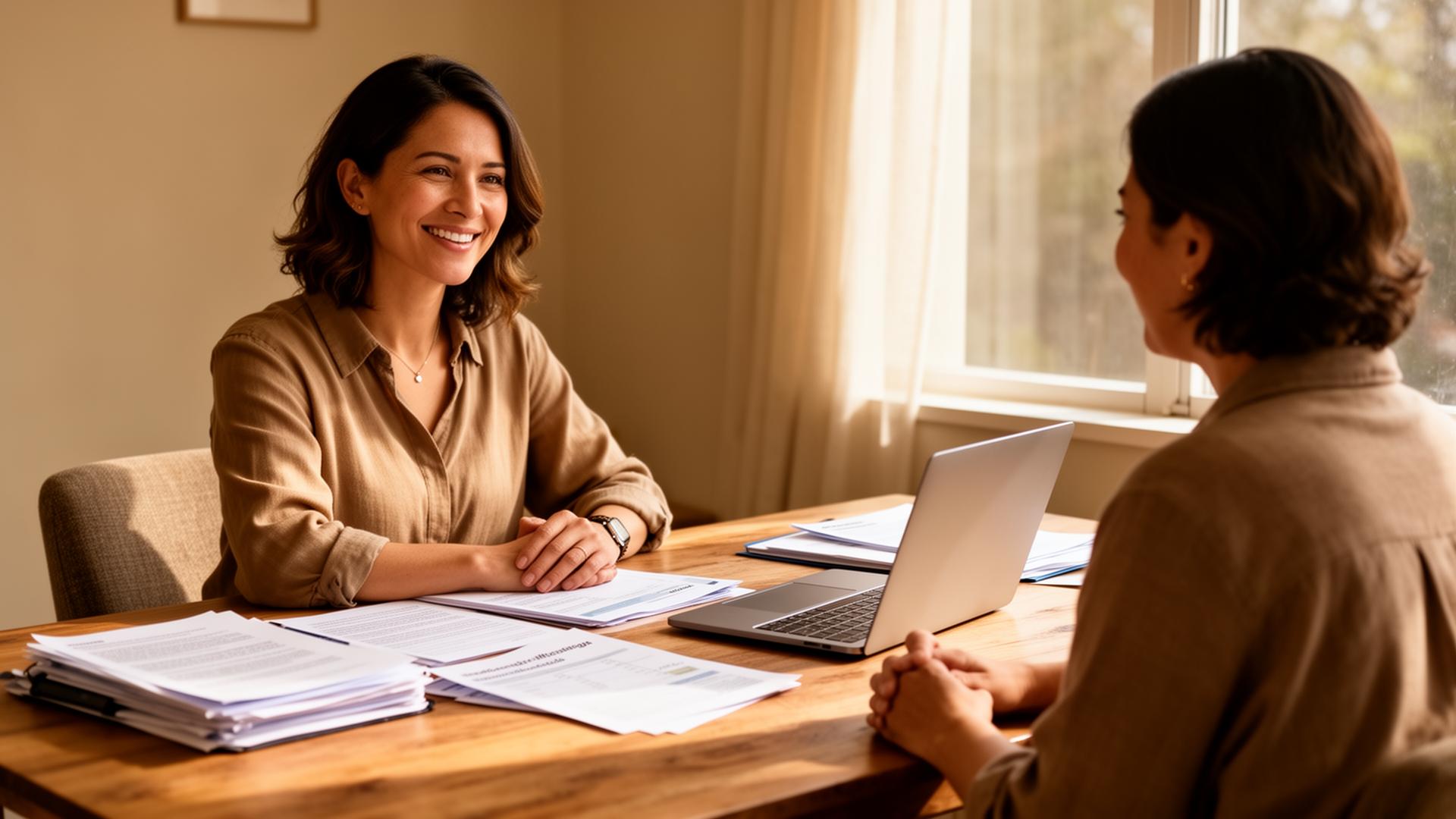 Bilingual health insurance advisor meeting with a client at a sunlit desk