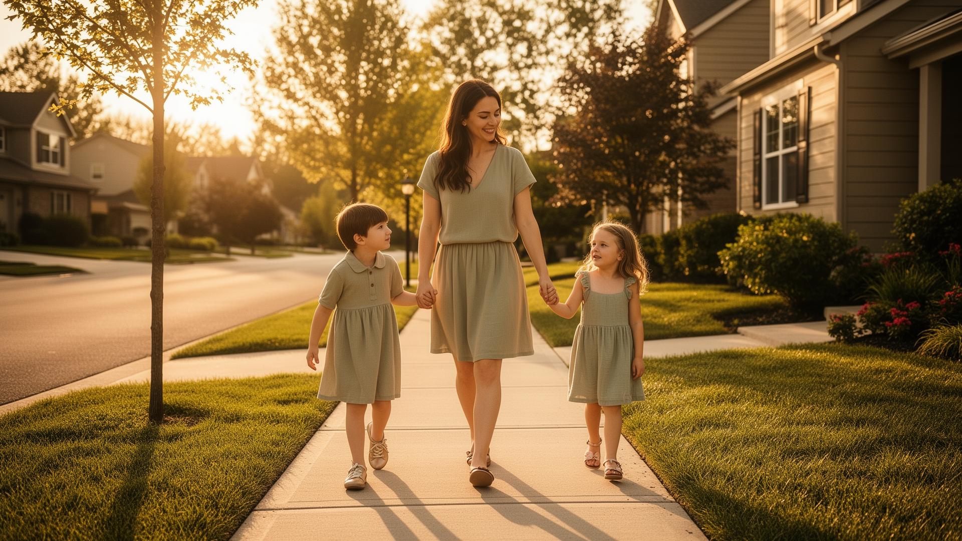 Mother walking with two children on a sunlit suburban sidewalk